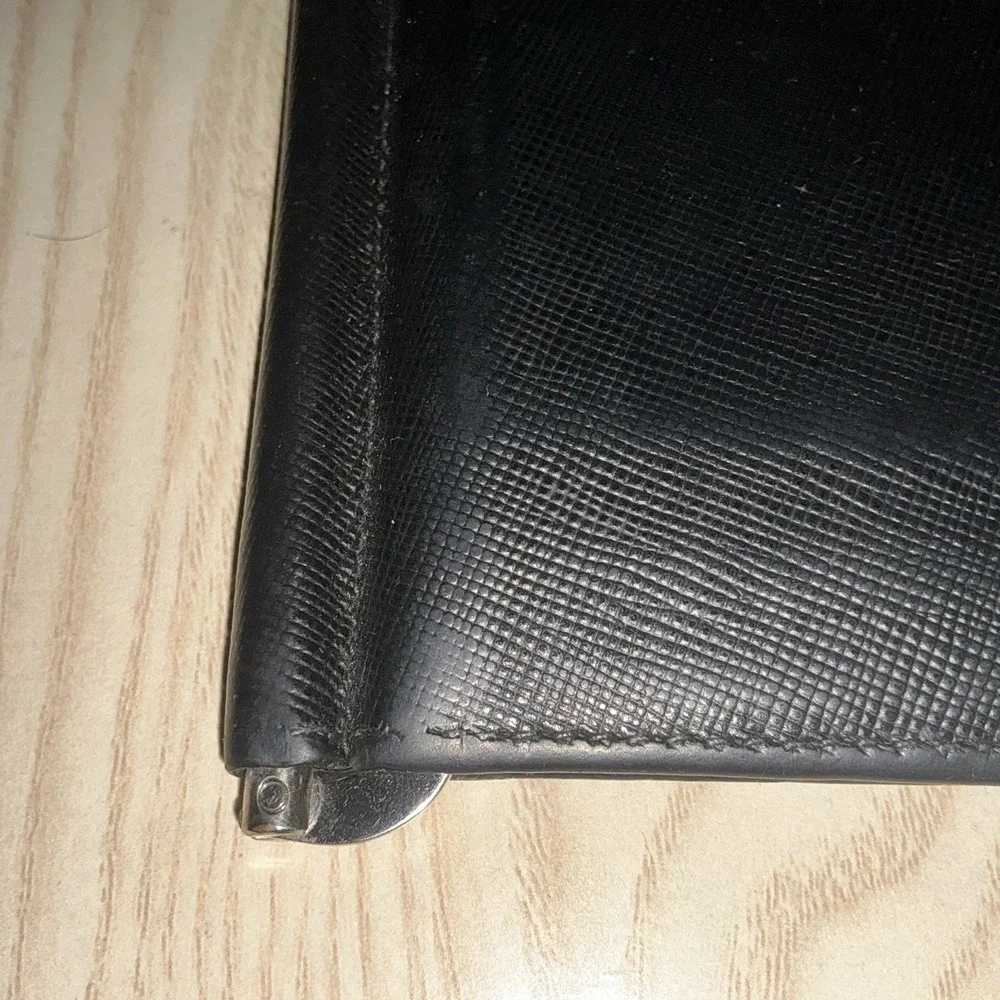 PRADA Saffiano Money Clip Bifold‎ Wallet Card Case Black Leather Authentic